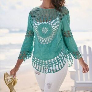 VENUS Teal Asymmetrical Crochet Coverup NWOT XS